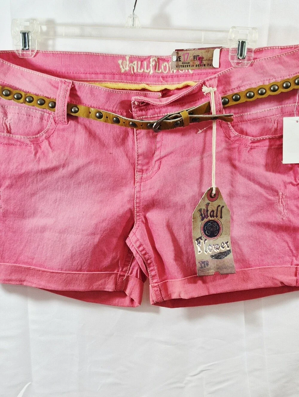 Wallflower Pink Siesta Distressed Low Rise Denim Shorts with Studded Tan Belt